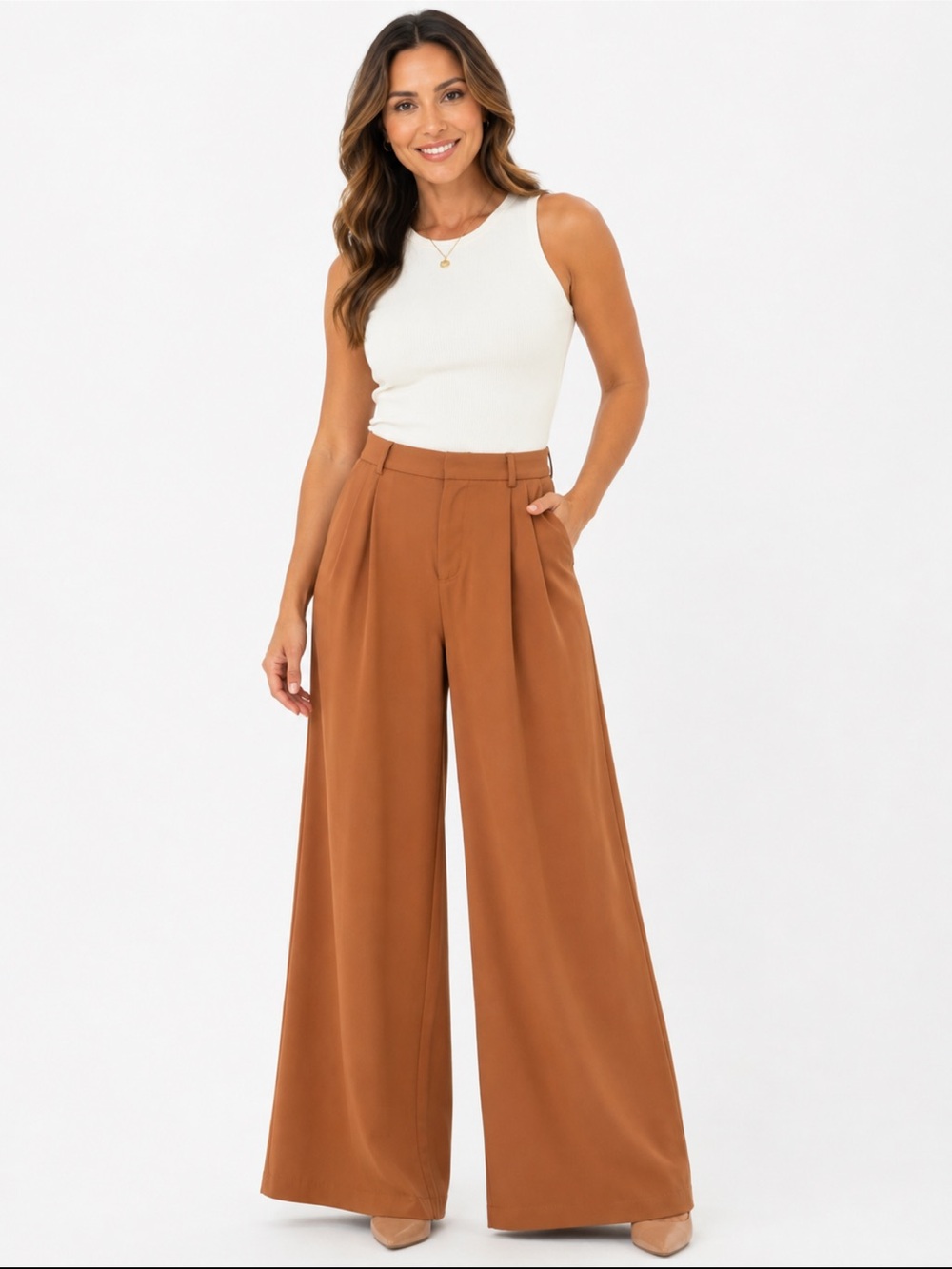 Tronjori High Waist Wide Leg Palazzo Pants Brown - Size Large